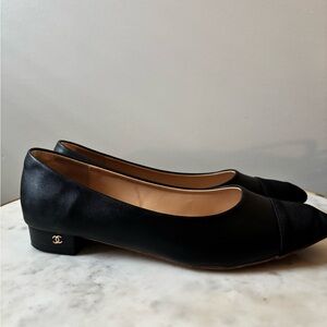Chanel Style Black Leather Flats with Logo Details